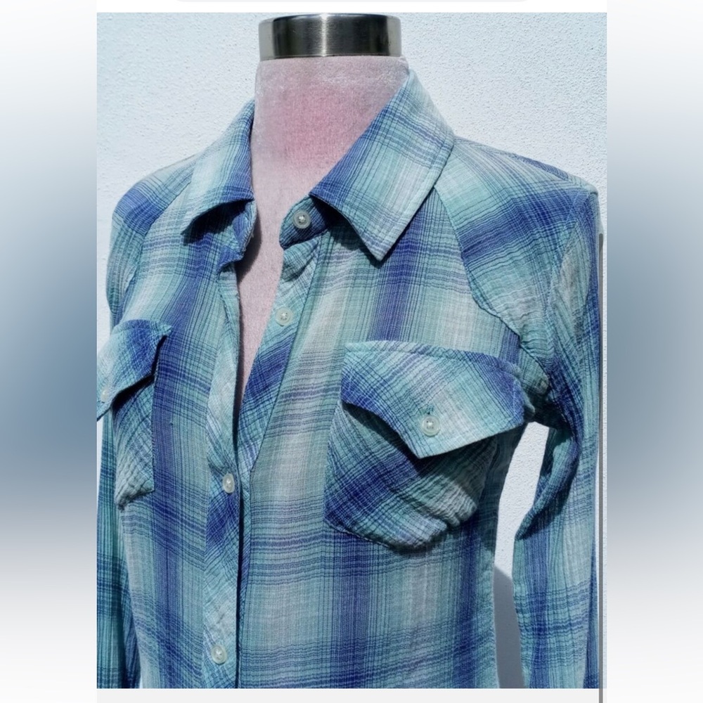 RAILS Women's TAILOR GAUZE PLAID Button Front Shirt Long Sleeves Green/Blue Sz.M